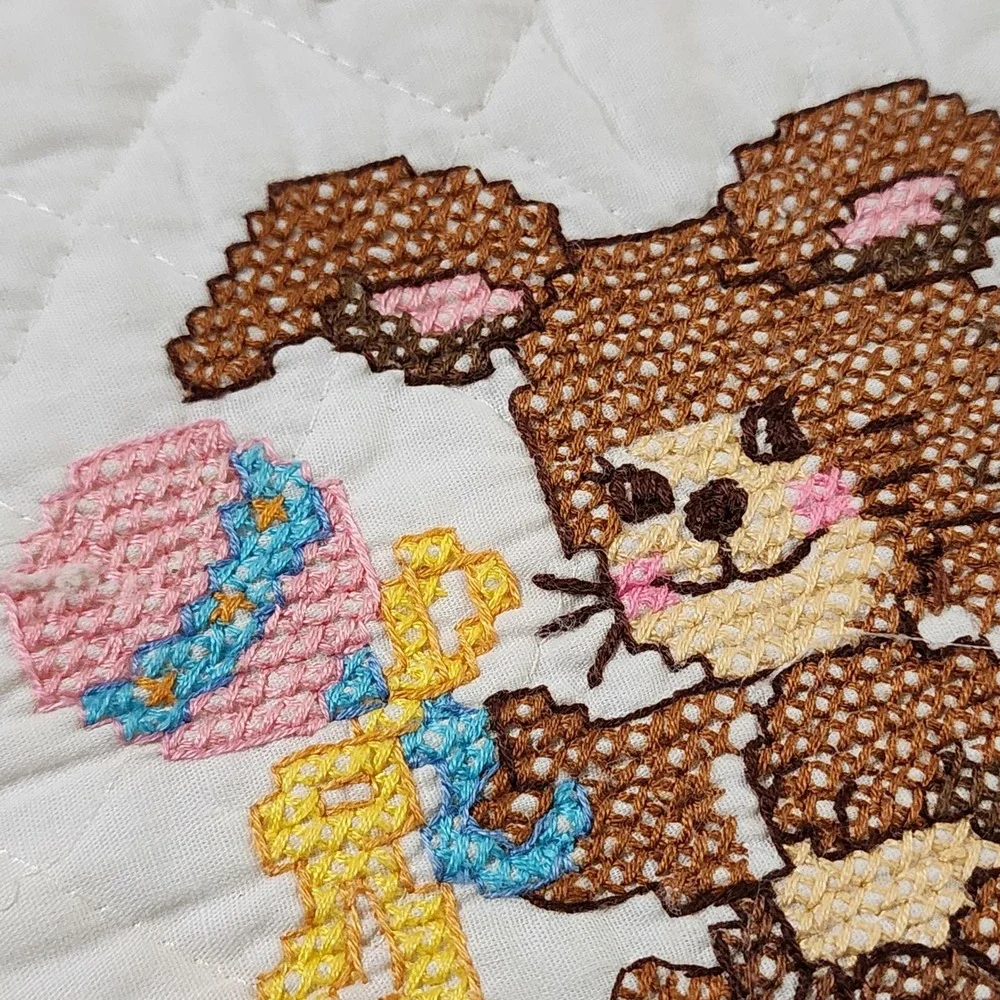 Vintage Handmade Quilted Baby Bib Cross Stitch Bunny Rabbit Rattle White Tie On